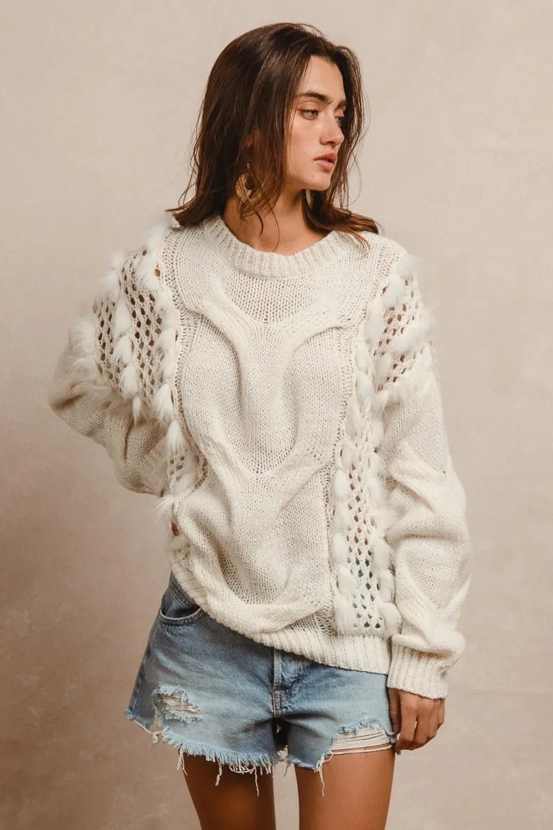 BiBi Faux Fur Detailed Pointelle Cable Knit Sweater - Bela Fils BoutiqueBela Fils Boutique